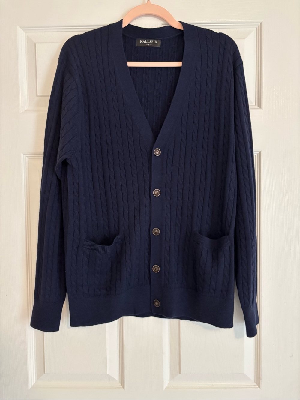 Kallspin Men's Navy Cable-Knit Button Cardigan